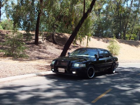 2003 Ford Crown Victoria - Front-quarter view of a lowered black Grand Marquis fitted with a push bar and dark wheels under shade trees.