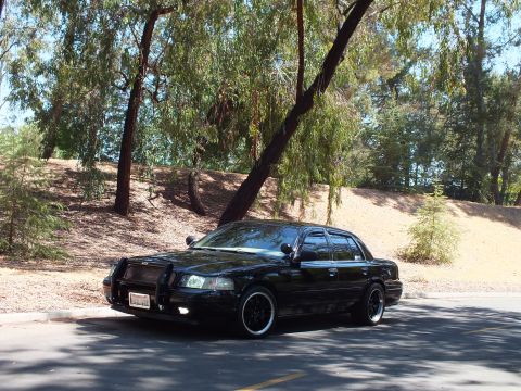 2003 Ford Crown Victoria - Side-front view of a lowered black Mercury sedan on dark wheels in dappled shade.