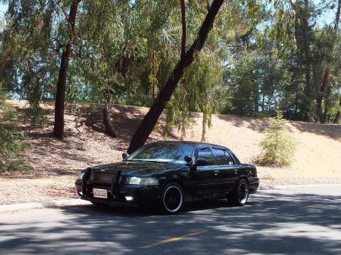 2003 Ford Crown Victoria - Front-left view of a lowered black Mercury Grand Marquis beneath shade trees.