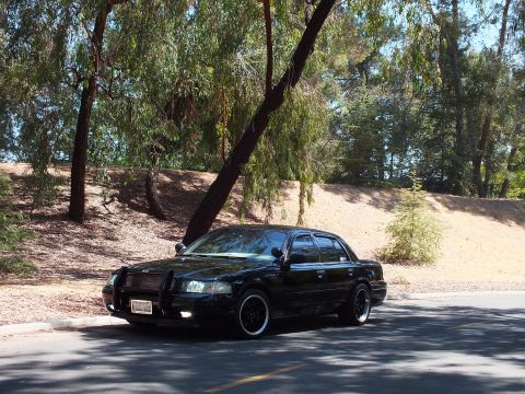 2003 Ford Crown Victoria - Front-quarter shot of a lowered black sedan on blacked-out staggered wheels.