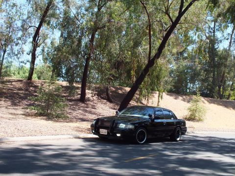 2003 Ford Crown Victoria - Front-left view of a lowered black Mercury sedan with grille guard in dappled light.