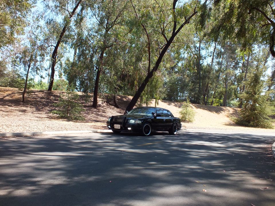Black sedan parked along shaded road bordered by dry embankment