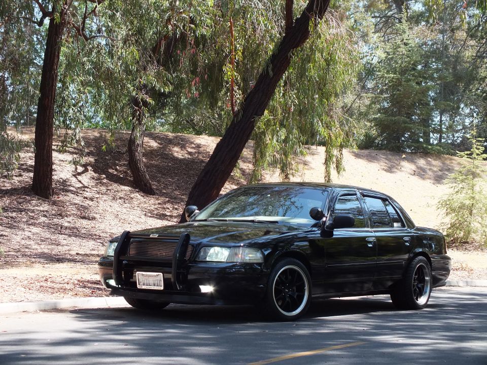 Lowered black sedan with push bar and dark wheels on shaded road