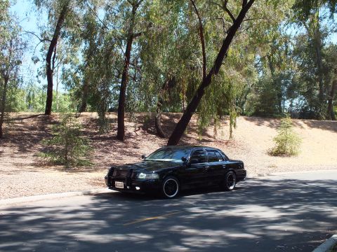 2003 Ford Crown Victoria - Wide front-quarter view of a lowered black Mercury sedan among roadside trees.