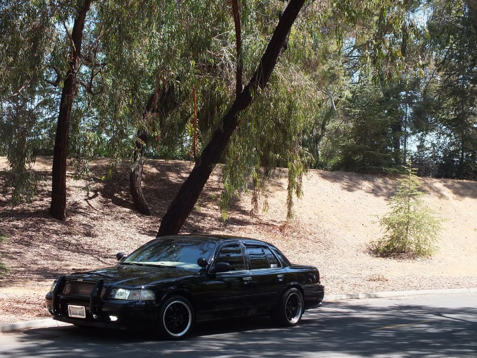 Black Ford Crown Victoria with grille guard parked beside a dry hillside