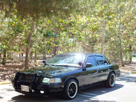 2003 Ford Crown Victoria - Front three-quarter view of a lowered black sedan with push bar under trees.