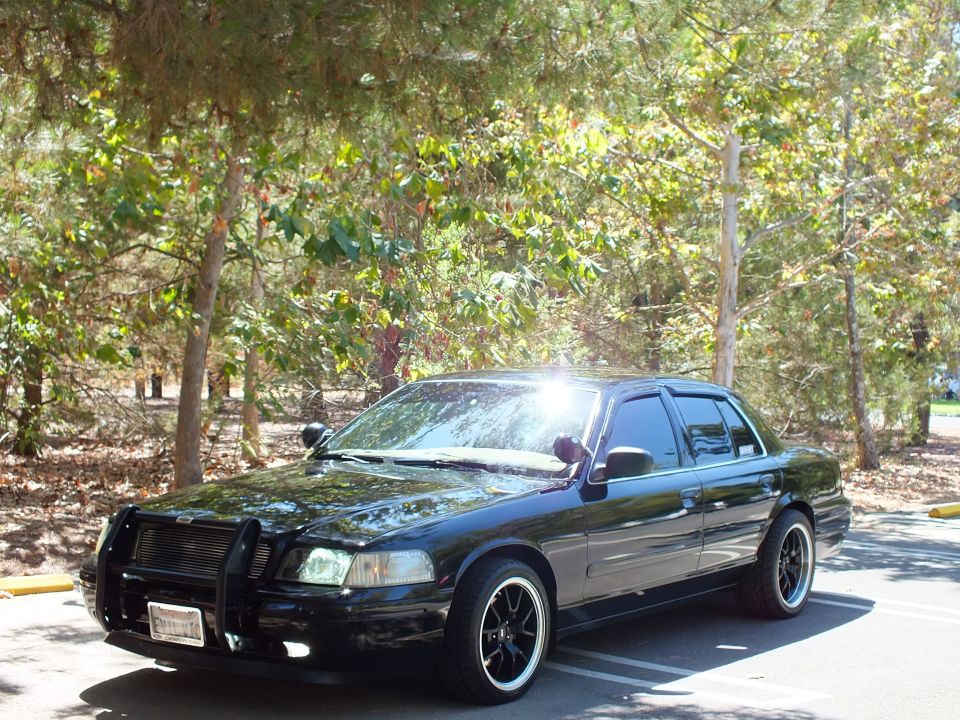 Black Ford Crown Victoria with grille guard parked in a sunlit wooded lot