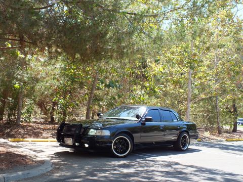 2003 Ford Crown Victoria - Lowered black full-size sedan with push bar parked beside a green wooded area.