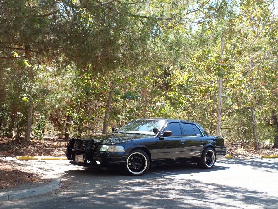 Black Ford Crown Victoria Police Interceptor with grille guard and black wheels parked under trees