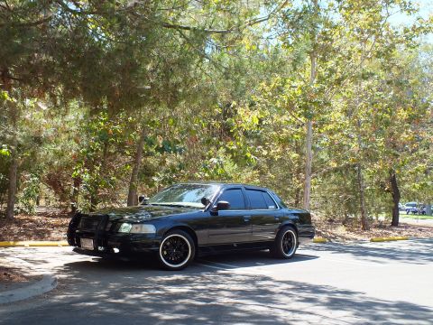 2003 Ford Crown Victoria - Murdered-out police-style sedan shows grille guard and black wheels among green trees