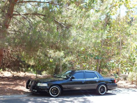 2003 Ford Crown Victoria - Lowered black sedan shown in profile with brush guard and dark rims near woodland