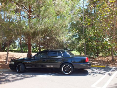 2003 Ford Crown Victoria - Lowered black sedan shown in full profile across two parking lines near trees
