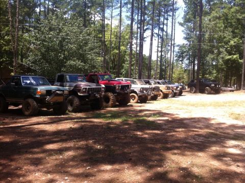 1979 Ford F-150 - Several lifted and modified Ford F-150 pickup trucks are lined up in a dirt lot surrounded by trees.