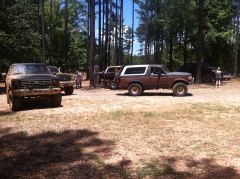 1979 Ford F-150 - Several off-road vehicles are gathered in a wooded area, possibly for an outdoor event or trail riding.