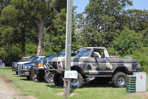 1994 Ford Bronco - A lineup of trucks and SUVs are parked on a grassy area under trees on a sunny day.