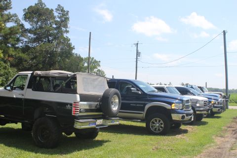 1994 Ford Bronco - A line of trucks and a two-tone SUV are parked on a grassy area under a blue sky.