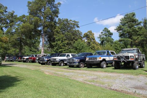 1994 Ford Bronco - A row of Ford trucks and SUVs are parked side-by-side on a sunny day.
