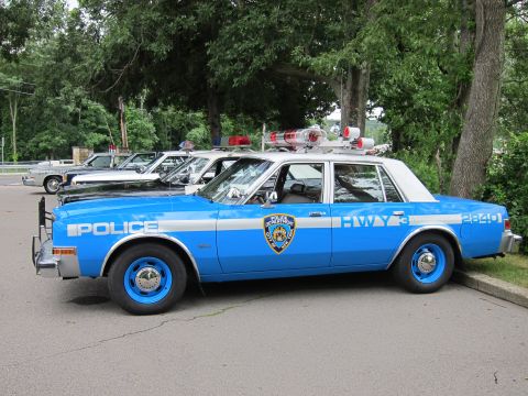 1991 Ford LTD Crown Victoria - Driver-side profile of a blue NYPD 'POLICE HWY 3' patrol sedan with red roof lights, parked among other classic police cruisers near trees.
