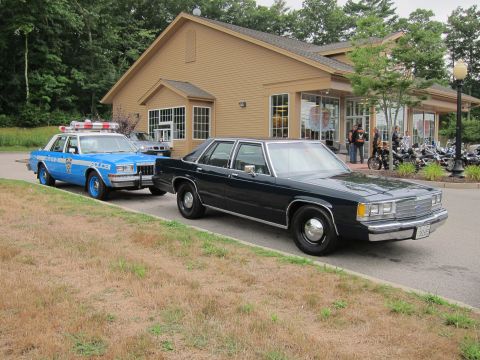 1991 Ford LTD Crown Victoria - dark blue Ford four-door police sedan parks beside a light-and-dark blue police cruiser outside a tan building.