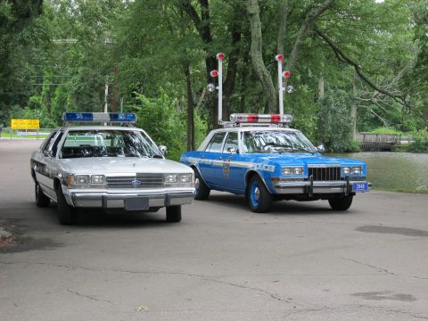 1991 Ford LTD Crown Victoria - silver Ford police sedan parked beside a blue police sedan, both with roof lightbars, by a pond and trees.
