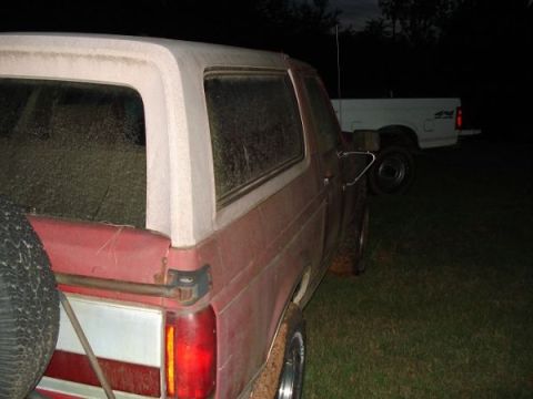 1995 Ford Bronco - The rear of a red SUV is visible, parked on grass next to a white pickup truck in low light conditions.