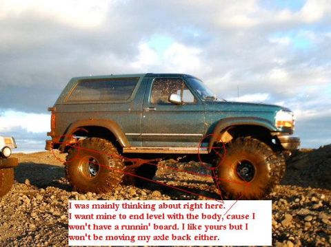 1995 Ford Bronco - This 1995 Ford Bronco features a side view with significant off-road modifications, including oversized tires and a lifted suspension.
