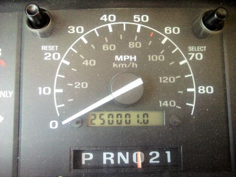 1994 Ford Bronco - Close-up of a vehicle's odometer displaying 25000.1 miles and the gear selector in Park.