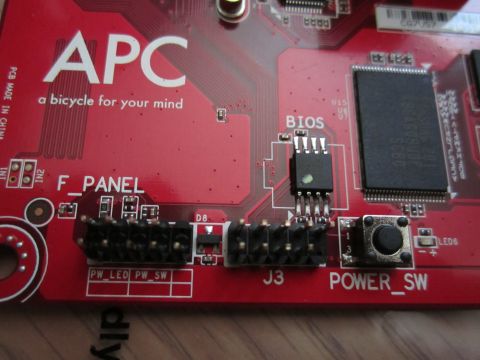 1963 Ford Falcon - Close-up of an APC motherboard showing the BIOS chip and various connectors for system functions.