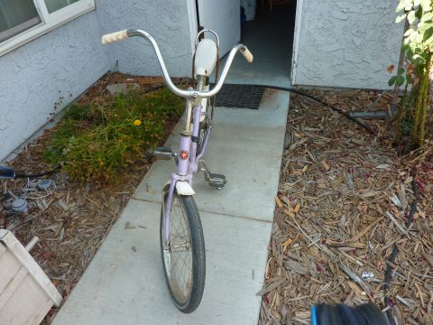 1900 Yugo GVX - A purple bicycle is parked on a concrete path next to some plants.