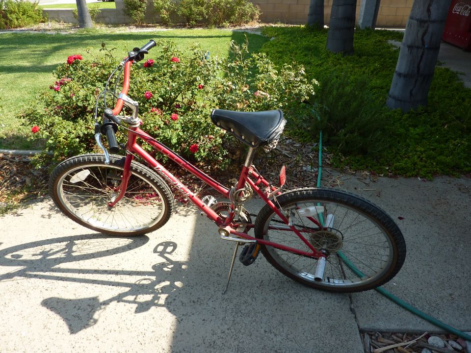 Red bicycle with black seat and handlebars, parked on a concrete surface near bushes