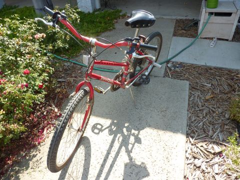 1900 Yugo GVX - A red bicycle is parked on a concrete path next to a bush and wood chips.