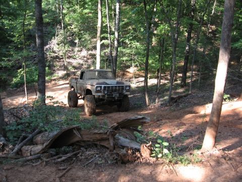1979 Ford F-150 - This lifted 1979 Ford F-150 navigates a wooded off-road trail.
