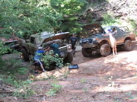 1979 Ford F-150 - People are working on two off-road trucks in a wooded area with the hoods open.