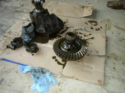 1995 Ford Bronco - Disassembled differential and gears laid out on cardboard, showing oil stains and a used shop towel.