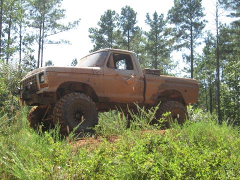 1979 Ford F-150 - This lifted pickup truck is covered in mud and appears to be off-roading in a wooded area.
