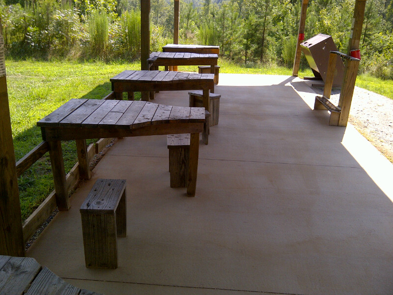 Wooden picnic tables and benches under a covered area with trees in the background