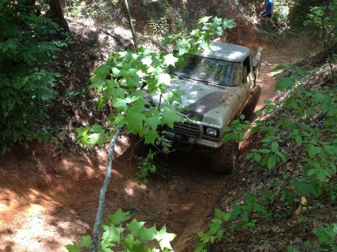 1979 Ford F-150 - A Ford F-150 drives down a steep, wooded dirt path.