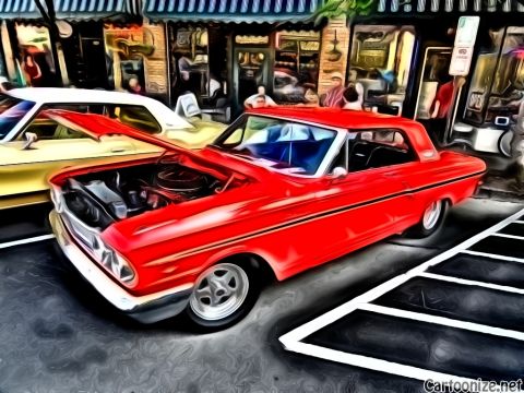 1964 Ford Fairlane - Two classic coupes, a red 1964 Ford Fairlane and a yellow car, are parked with their hoods open.