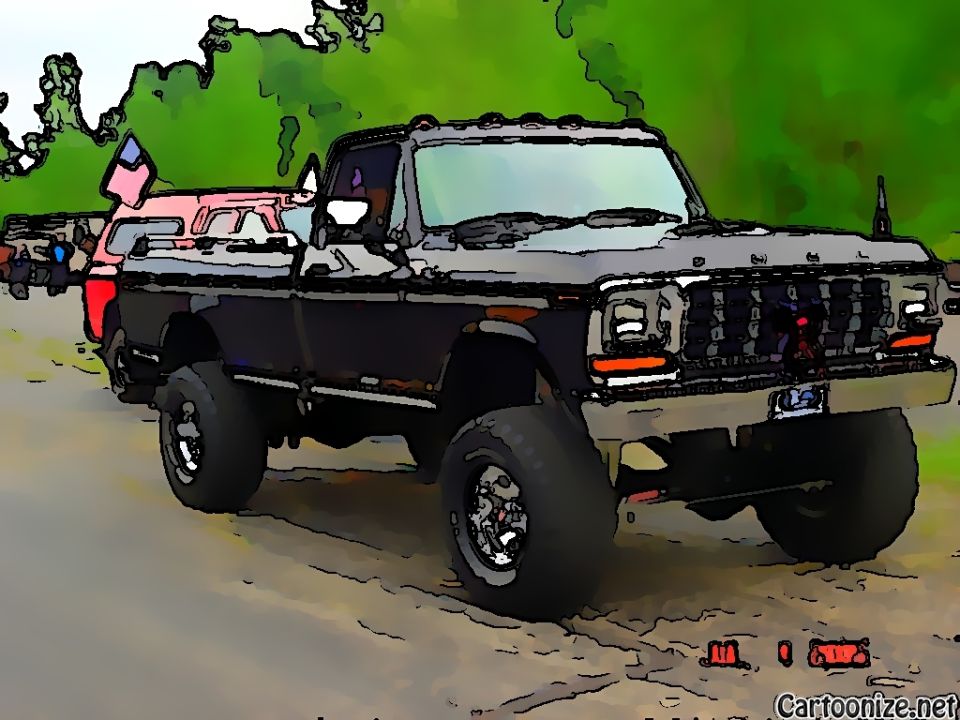 Lifted 1979 Ford F-250 pickup truck with a red camper shell behind it