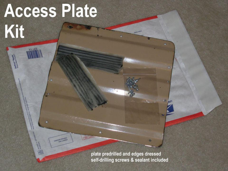Tan metal access plate with predrilled holes, sealant strips, and bagged screws on a mailer.