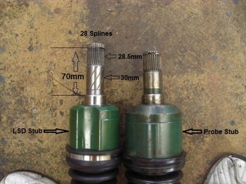 1995 Ford Probe - Comparison of two CV axle shafts, one labeled 'LSD Stub' and the other 'Probe Stub'.