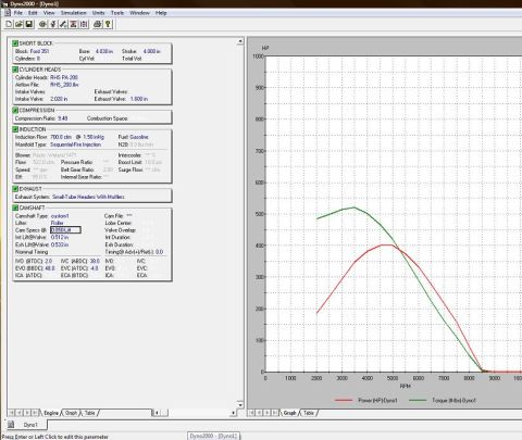1991 Ford F-250 - Engine performance data displayed on a computer screen, detailing horsepower, torque, and various engine build parameters.