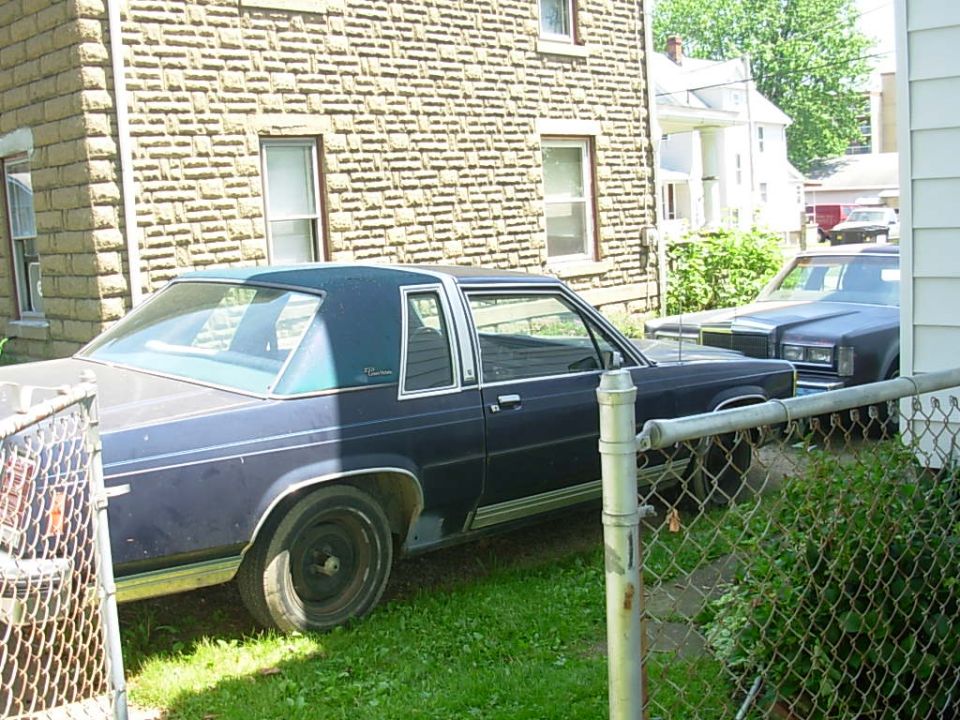 Dark blue sedan with a vinyl roof parked in a grassy yard. Another dark sedan is visible behind it