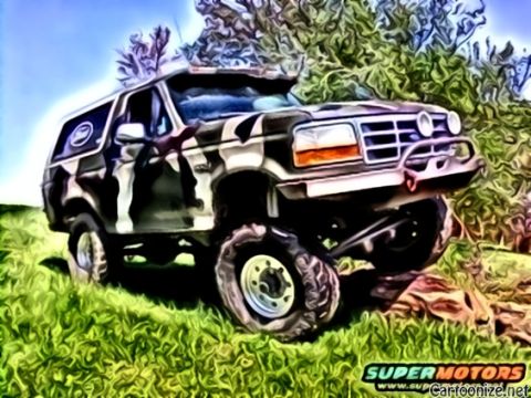 1995 Ford Bronco - This lifted Ford Bronco is parked on a grassy incline with trees in the background.