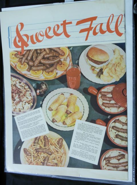 2000 Mercury Grand Marquis - This magazine page displays various food items, including sausages and a burger, under the title "Sweet Fall."