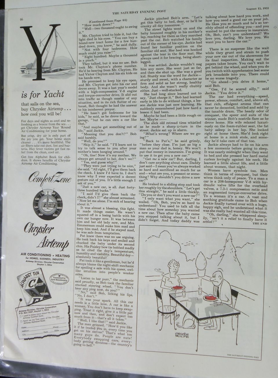 Saturday Evening Post magazine page with story text and small ads