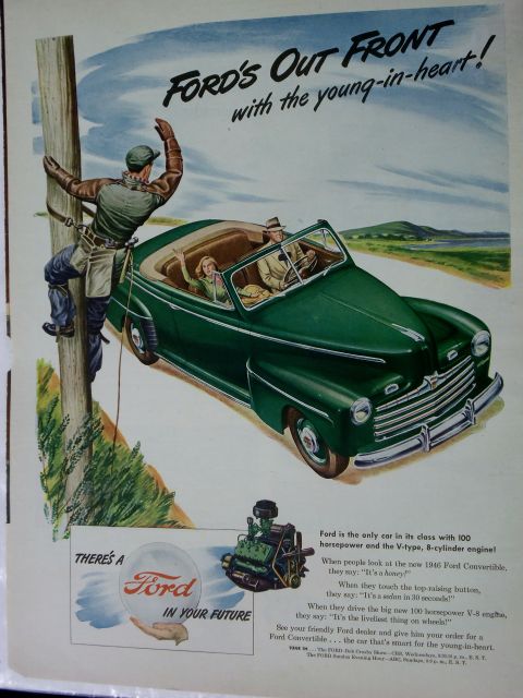 2000 Mercury Grand Marquis - Advertisement for the 1946 Ford Convertible, highlighting its 100 horsepower V-8 engine and features.