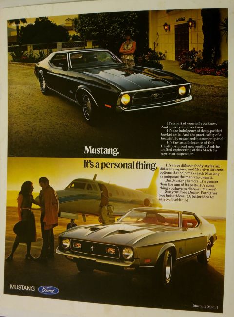 2000 Mercury Grand Marquis - This vintage ad showcases two Ford Mustang models, one black and one green, with a private jet in the background.
