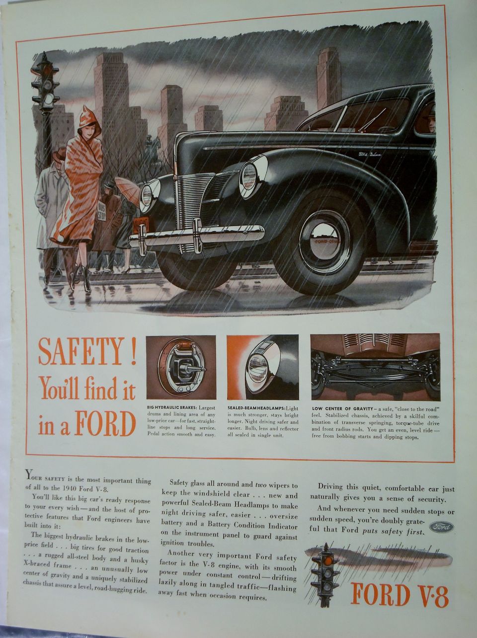 Vintage 1940 Ford V-8 magazine advertisement highlighting brakes, sealed-beam headlamps and safety