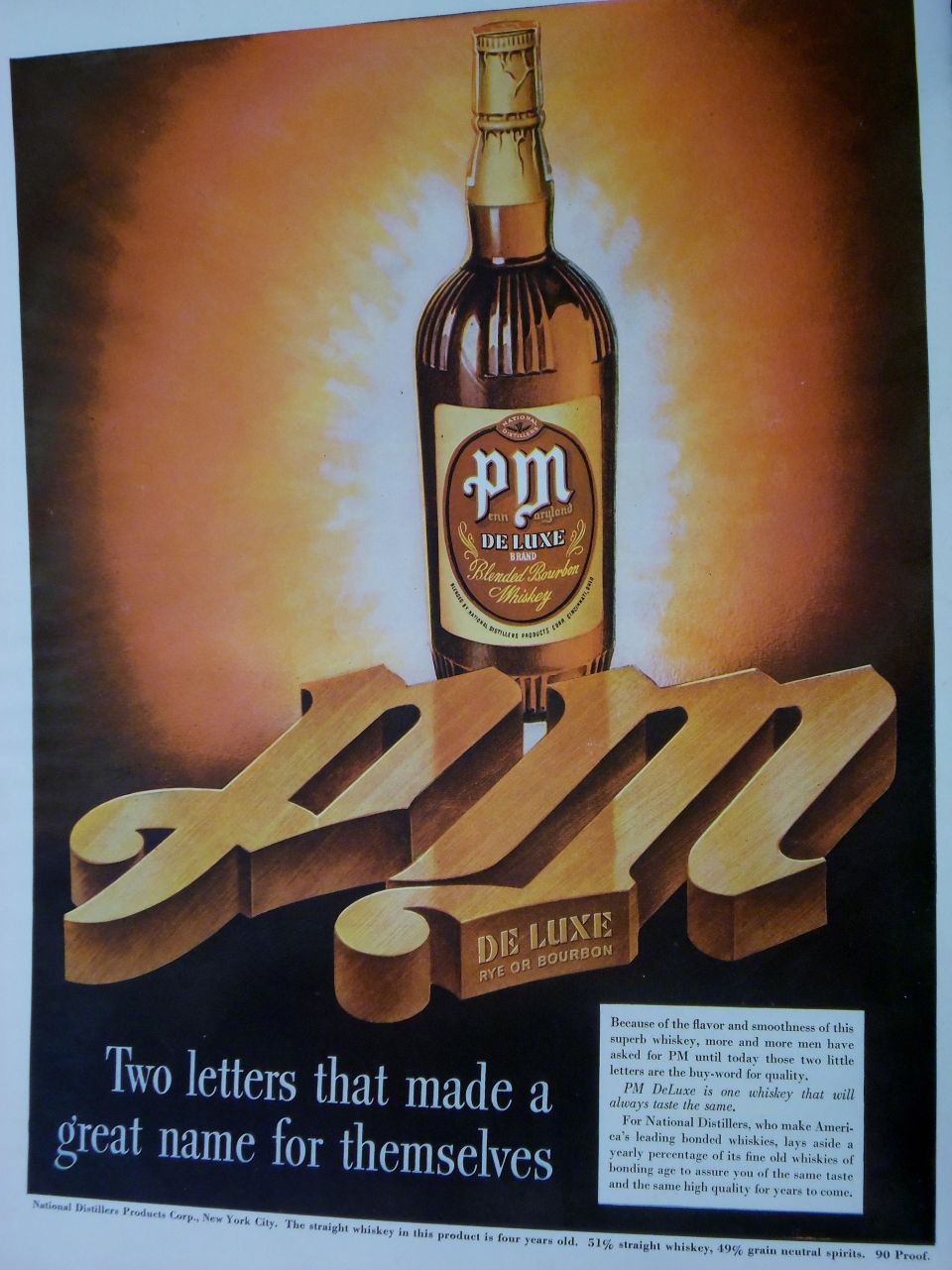 PM De Luxe whiskey magazine ad with bottle and large PM letters